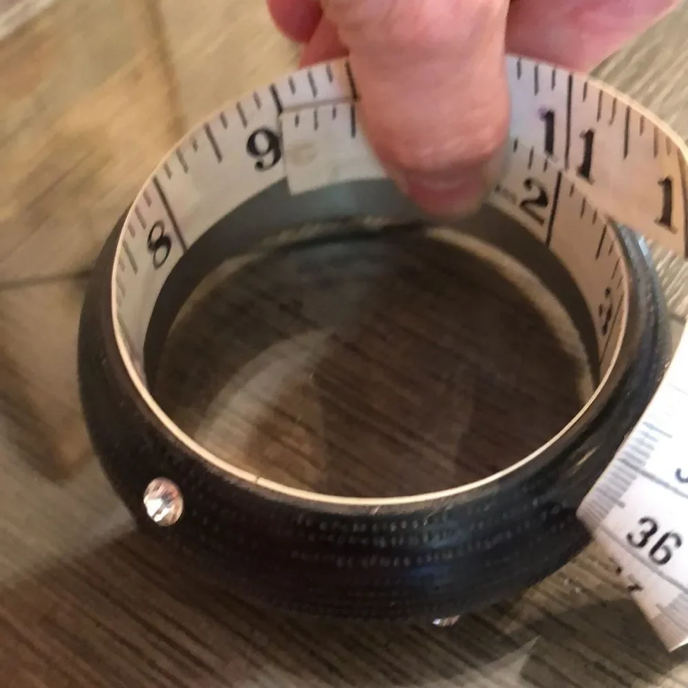 Vintage Black Textured Acrylic Bangle with Cut Glass Rhinestones 9”, approx